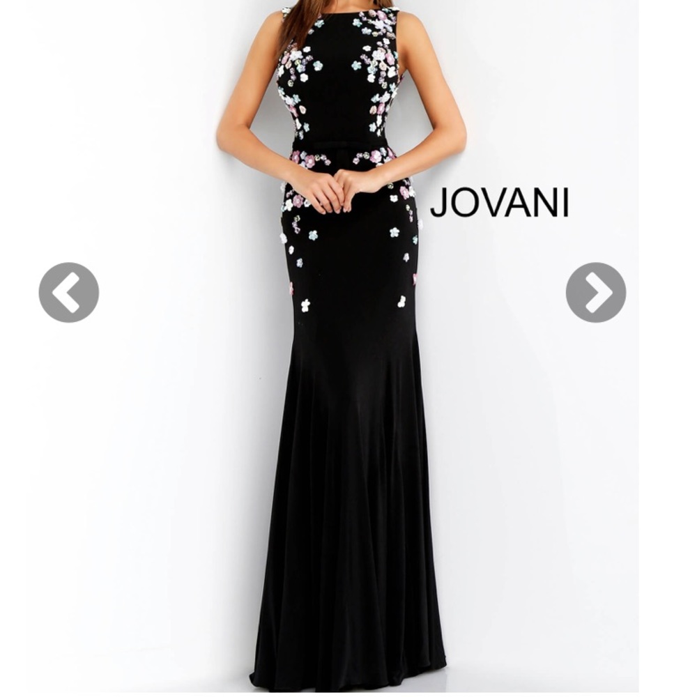 Jovani Black Sleeves Multi Floral Appliqués Gown